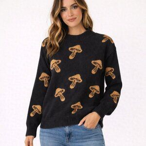 No Boundaries Black Sweater with Tan Mushroom Pattern Sz XS